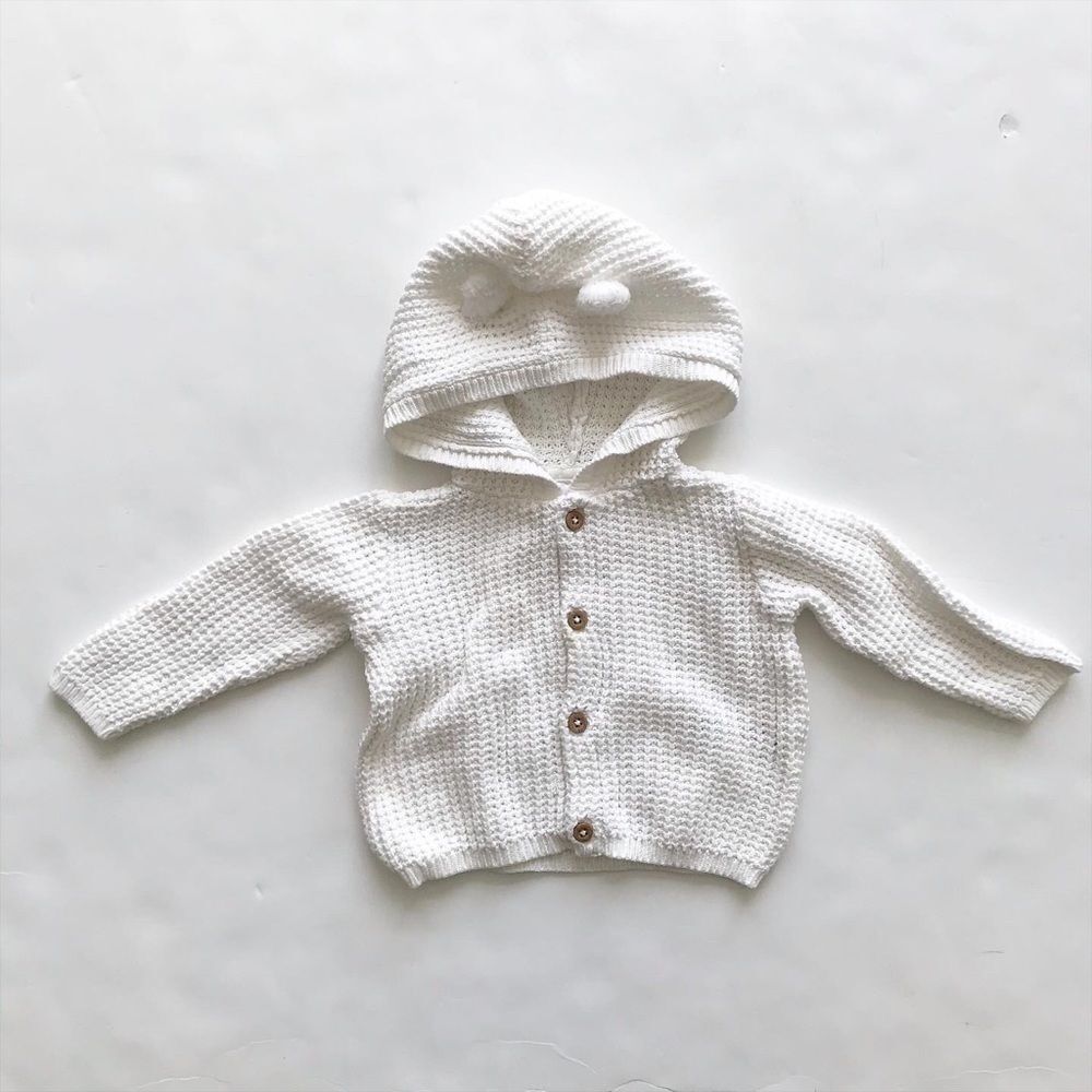Carters white bear ear hooded cardigan GUC  6m